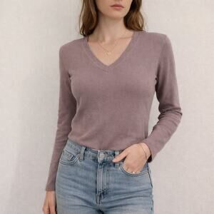 VTG Y2K Express World Brand Stretch V-Neck Long Sleeve Top Women's Medium Mauve